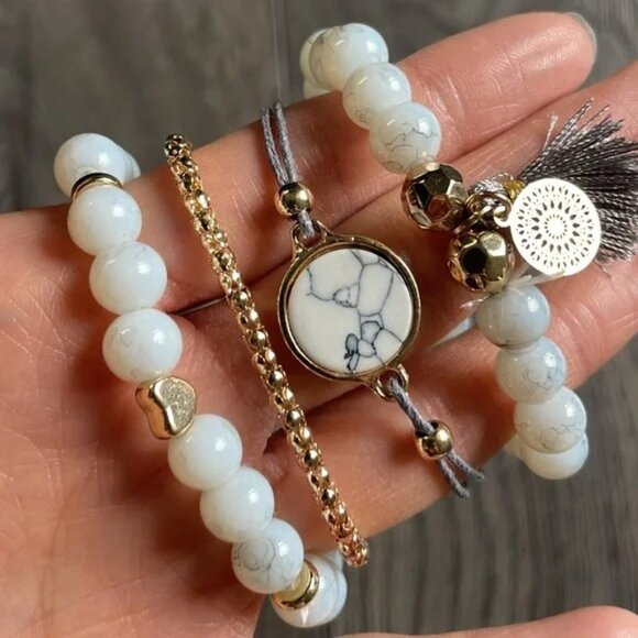 White bead tassel heart Gold Tone Bracelet set - Picture 2 of 2